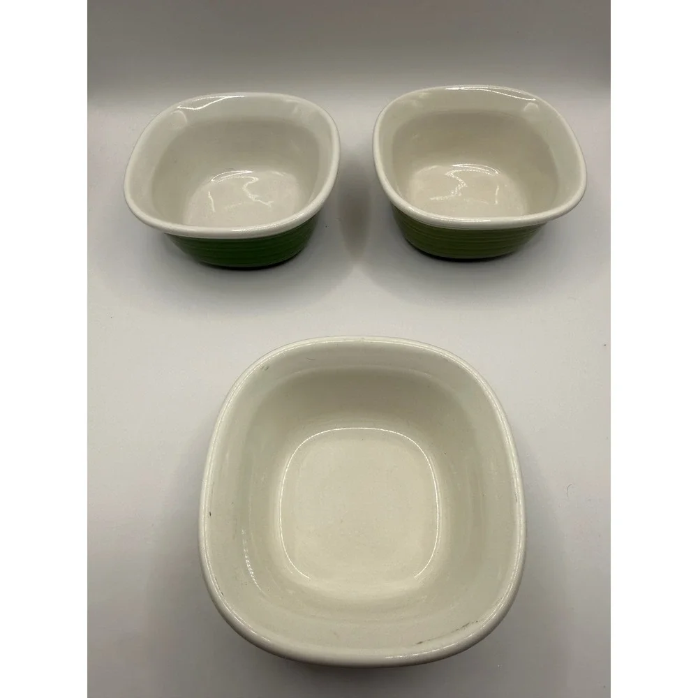 CorningWare Etch 7oz Stoneware Ramekin Set 3 Green White Ribbed Square Bowls